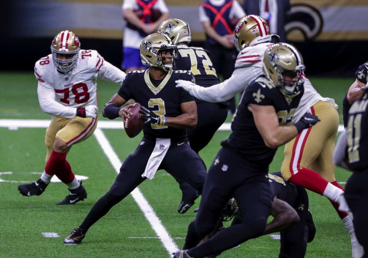 Nov 15, 2020; New Orleans, Louisiana, USA; Saints quarterback Jameis Winston (2) throws against the 49ers during the second half at the Mercedes-Benz Superdome. Mandatory Credit: Derick E. Hingle-USA TODAY Sports